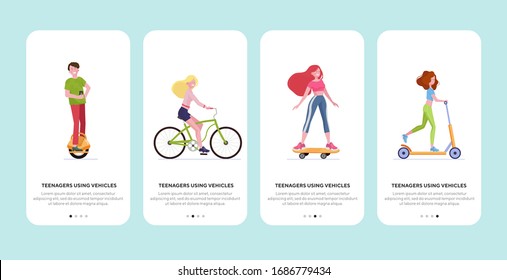 Teenagers using urban vehicles set. Young people riding scooter, bike, skateboarding flat vector illustration. Leisure, activity, eco transport concept for banner, website design or landing web page