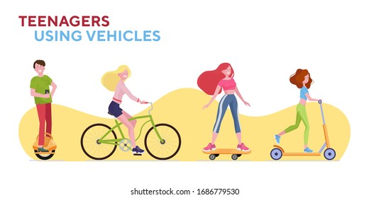 Teenagers using urban vehicles set. Young people riding scooter, bike, skateboarding flat vector illustration. Leisure, activity, eco transport concept for banner, website design or landing web page