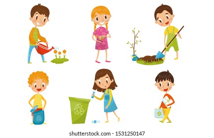 Teenagers At Volunteers Works Of Planting And Cleaning The Planet Vector Illustrations Set