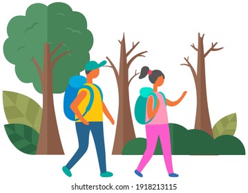 Teenagers walking in city park. People with backpacks, going for walk communicate with each other summer sunny weather. Boy and girl with backpacks on their backs spend time together outdoors