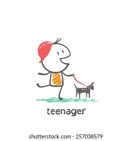 teenagers walking with a dog illustration