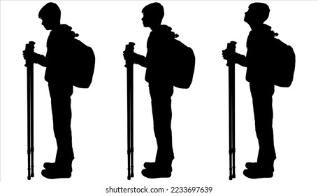 Teenagers with walking sticks in their hands and backpacks behind their backs stand in a row, in one line. Side view. Sport. Hiking. Black silhouette isolated on white. Trekking boy.