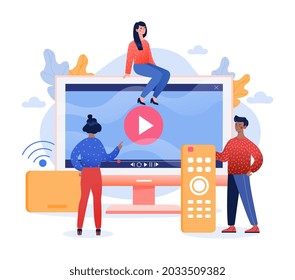 Teenagers watching films and playing together online, home entertainment system, smart tv. Flat illustration cartoon vector concept web banner design isolated on white background