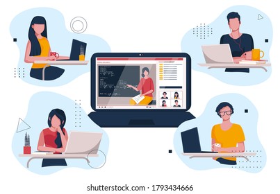 Teenagers Watching Videos On Their Laptops. Online Training.  Students Are Watching The Lesson Online. Vector Illustration Of Home Teaching.