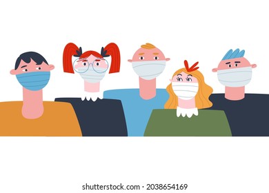 Teenagers wearing medical masks stand in a line. Team of students wearing protective masks. Flat vector illustration. 