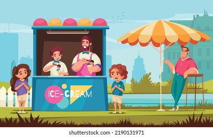 Teenagers work cartoon poster with young man selling ice cream vector illustration