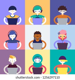 Teenagers work at the computer. Children's programming. A set of different ikids. Children coding at school class. Young geeks.