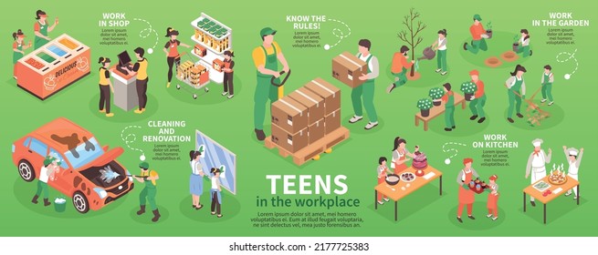 Teenagers work infographics with teens washing cars and cleaning windows vector illustration
