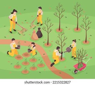 Teenagers work in park watering trees and seedeling plants isometric vector illustration