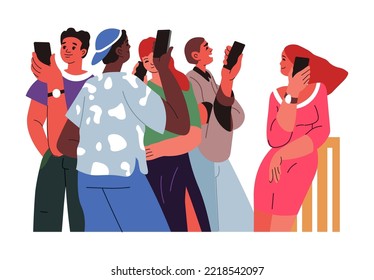 Teenagers and youth with smartphones and gadgets devices. Isolated men and women with cell phones looking at display, chatting and talking. Modern days communication and talks. Vector in flat style