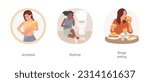 Teenages eating disorders isolated cartoon vector illustration set. Slim teen look in mirror, having anorexia, bulimia, weight loss obsession, psychological problem, binge eating, vector cartoon.