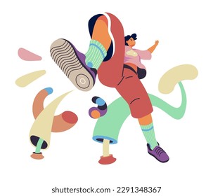 Teengers movement or performace, isolated street dancer or performer showing movements. Personage wearing modern and fashionable clothes, moving and jumping. Vector in flat style illustration