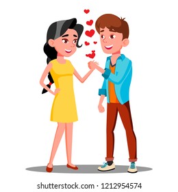 Teens Boy And Girl Holding Hand Together, Romantic Moment Vector. Isolated Illustration