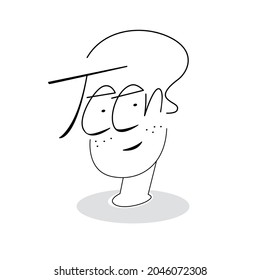Teens boy is smiling. Vector text and line art illustration