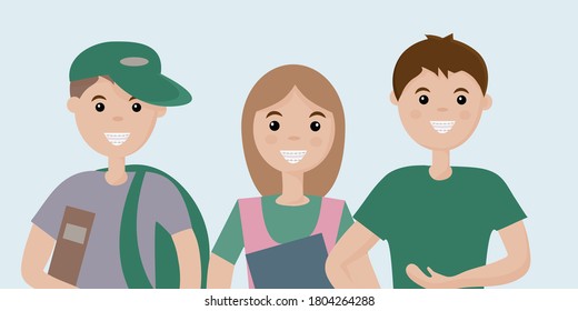 teens boys and girls with braces on their teeth are happy with a healthy smile.  Banner for advertising children's dental clinic. Dental care - orthodontic treatment. Flat vector illustration