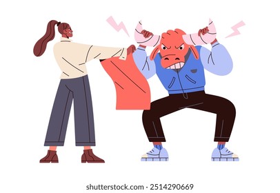 Teens with communication difficulty bullying in school, internet. Teenager with problems of aggression, anger control. Concept of abuse and provocation. Flat isolated vector illustration on white