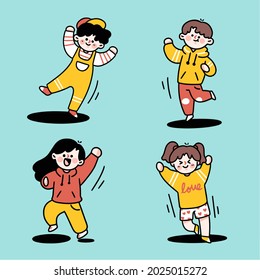 Teens Dancing Characters Doodle Illustration Set