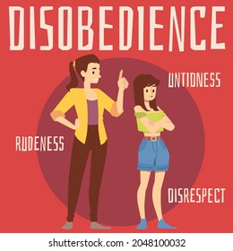 Teens disobedience card or banner with mother and teenage child having disagreements flat vector illustration. Behavior problems of adolescents and conflict with parents.