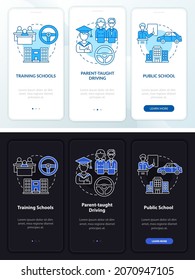 Teens driver education dark, light onboarding mobile app page screen. Walkthrough 3 steps graphic instructions with concepts. UI, UX, GUI vector template with linear night and day mode illustrations