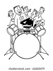 Teens With Drum Set - Retro Clipart Illustration