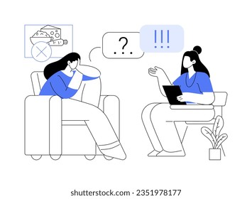 Teens eating disorders treatment abstract concept vector illustration. Teenager with bulimia talks with psychiatrist, anorexia diagnosis, medicine sector, mental health problem abstract metaphor.