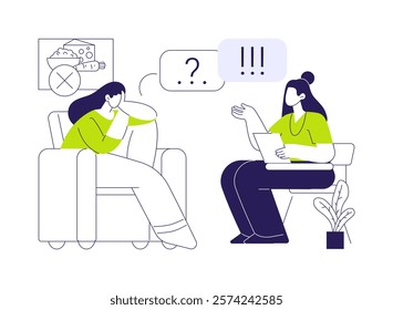 Teens eating disorders treatment abstract concept vector illustration. Teenager with bulimia talks with psychiatrist, anorexia diagnosis, medicine sector, mental health problem abstract metaphor.