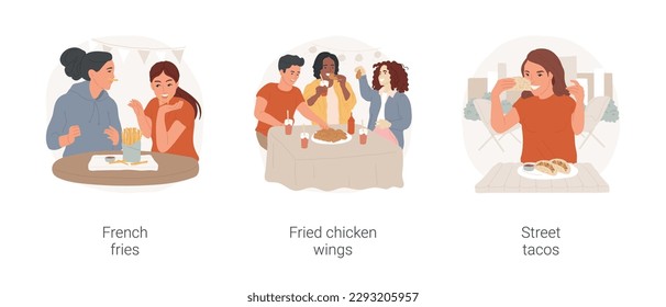 Teens eating out isolated cartoon vector illustration set. Grimacing and having fun with french fries, group of laughing teenagers, fried chicken wings, street tacos truck, snacking vector cartoon.