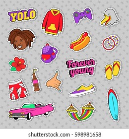 Teens Fashion Set with Pink Car, Fast Food and Colorful Clothes for Stickers, Badges. Vector doodle