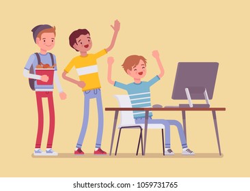 Teens fun at computer. Group of friends watching at PC screen in amusement and enjoyment, laughing at video streaming, chat, gaming, music or social network. Vector flat style cartoon illustration