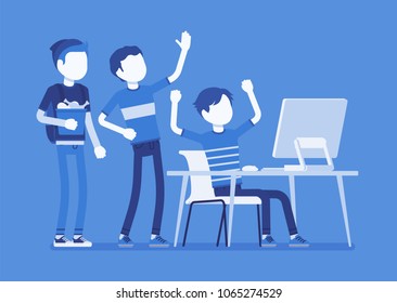 Teens fun at computer. Group of friends watching at PC screen in amusement, enjoyment, laughing at video streaming, chat, gaming, music or social network. Vector illustration with faceless characters