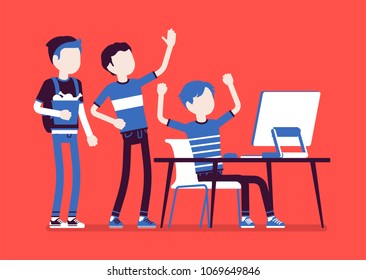 Teens fun at computer. Group of friends watching at PC screen in amusement, enjoyment, laughing at video streaming, chat, gaming, music or social network. Vector illustration with faceless characters