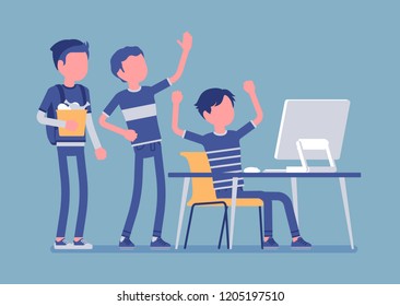 Teens fun at computer. Group of friends watching at PC screen in amusement, enjoyment, laughing at video streaming, chat, gaming, music or social network. Vector illustration, faceless characters