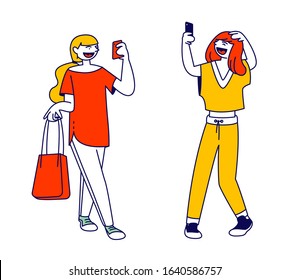 Teens Gadget Addiction, Cellphone Communication Concept. Young Girls Teenagers Looking on Screen of Smartphone Make Photo on Mobile Camera Isolated on White Background. Cartoon Vector Illustration