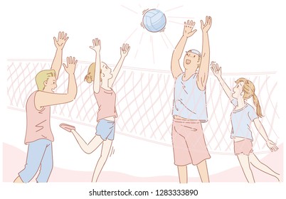 Teens group playing volleyball. Smiling faces have fun. Spring of sports. People playing outdoor activities. People having fun and enjoying sports outdoors. Cartoon vector Hand drawing.