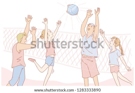 Teens group playing volleyball. Smiling faces have fun. Spring of sports. People playing outdoor activities. People having fun and enjoying sports outdoors. Cartoon vector Hand drawing.