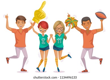 Teens group in sports at college. Men in the race. one of the symbols in the competition. Excited fans cheer for team on to victory. Colorful lifestyles, higher education.Vector illustrations isolated