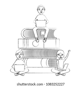 teens group using laptops on stacked books