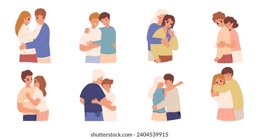 Teens hugging. Friend, siblings and couples hug, embracing different people. Young adults and teenagers cuddling. Care and support, love snugly vector set