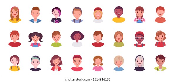 Teens and kids avatar big bundle set. Cute children, boys and girls faces, user pic icons for online game, chatroom representation. Vector flat style cartoon illustration isolated on white background