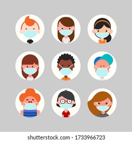 Teens and kids avatar Sammlung. Jungs, Jungs und Mädchen sind mit medizinischer Gesichtsmaske, farbenfrohen Benutzerbildern konfrontiert. Flachdesign Stil Cartoon Illustration.