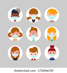 Teens and kids avatar collection. Cute children, boys and girls faces wearing medical face mask, Colorful user pic icons. Flat design style cartoon illustration.