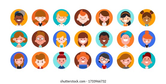 Teens and kids avatar collection. Cute children, boys and girls faces, Colorful user pic icons. Flat design style cartoon illustration isolated on white background.