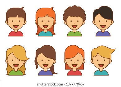 Teens and kids avatar collection. Cute children, boys and girls faces, Colorful user pic icons. Flat design style cartoon illustration isolated on white background