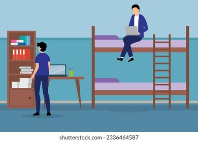 Teens living together in university dorm bedroom or hostel apartment with bunk bed 2d vector illustration concept for banner, website, illustration, landing page, flyer, etc