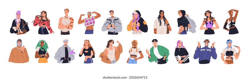 Teens in modern fashion alternative style. Trendy young characters, teenagers set. Gen Z youth in funky clothing, cool hairstyles and makeup. Flat vector illustration isolated on white background