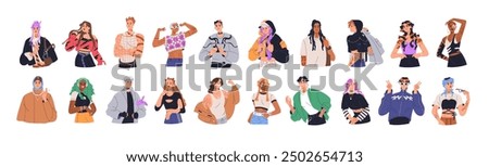 Teens in modern fashion alternative style. Trendy young characters, teenagers set. Gen Z youth in funky clothing, cool hairstyles and makeup. Flat vector illustration isolated on white background