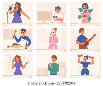 Teens online streaming on screen. Young blogger review on cosmetics and phone. Various web channels. Snugly teenagers video stream vector set