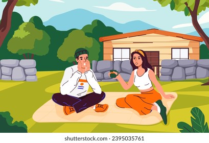 Teens outdoor recreation concept. Boy and girl in trendy casual clothes sitting together at nature. Picnic and romantic meeting. Good relations and love. Cartoon flat vector illustration