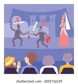 Teens Performing On Theatre Stage In Knights Armor In Front Of Audience Flat Vector Illustration