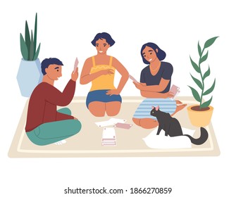 Teens playing board game sitting on the floor with cat, flat vector illustration. Happy young people friends playing cards and having fun. Home leisure activities.